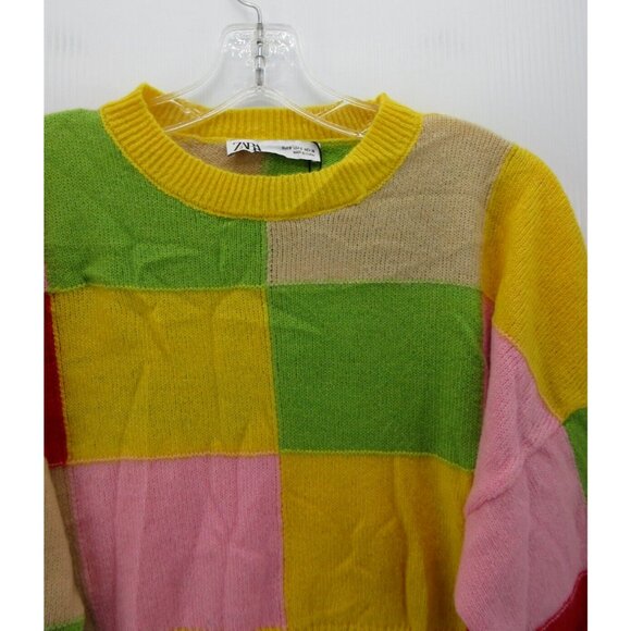 Zara Sweater Small Yellow Alpaca Crop Pullover Patches Colorful NEW - Picture 2 of 11